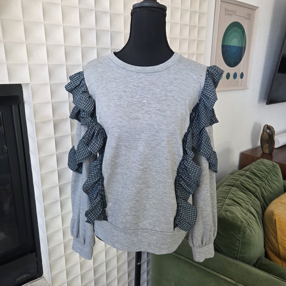 Anthropologie NuRode Gray Pullover Sweatshirt, Boho Green Ruffle Plaid Sleeve SM - Picture 3 of 8